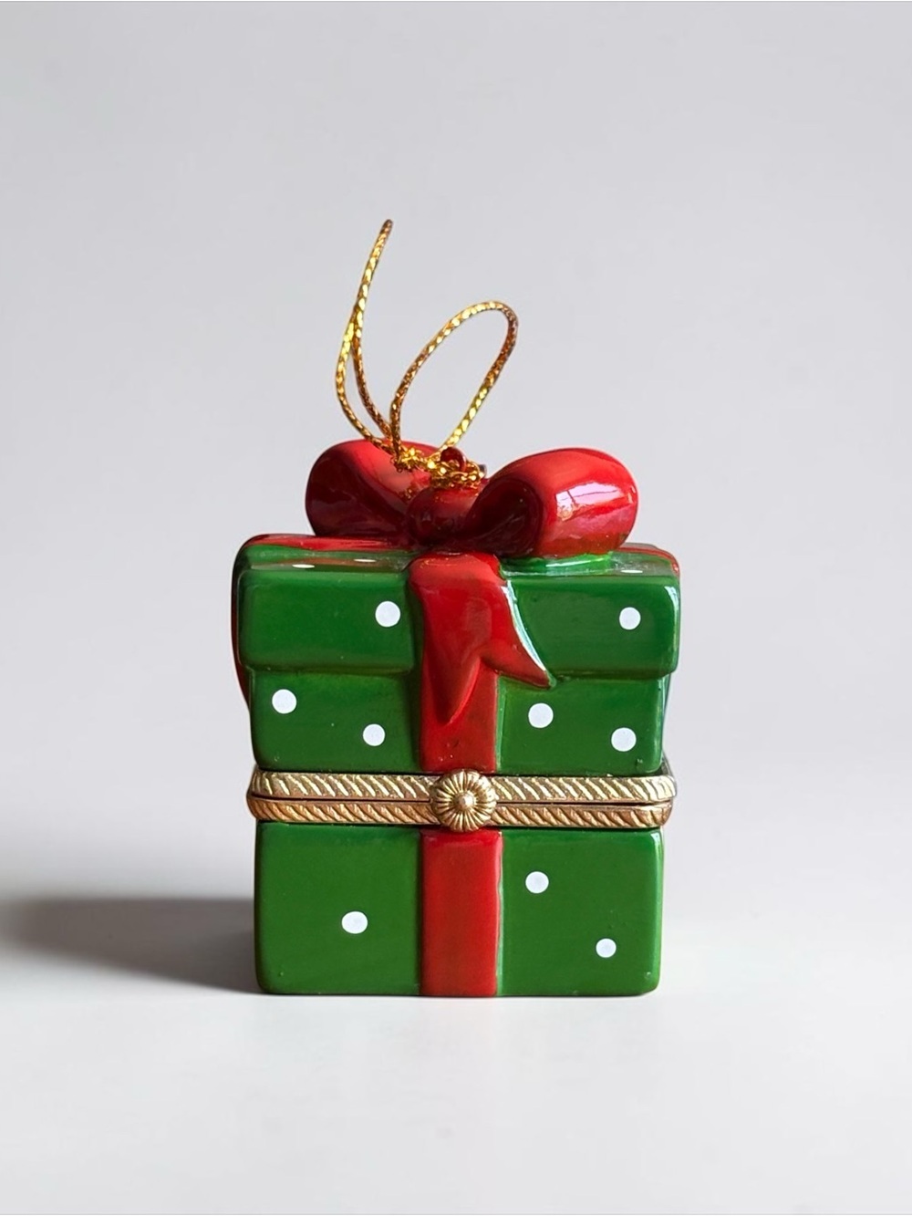 Green & Red Gift Ornament with Gold Accent - Holiday Tree Decoration
